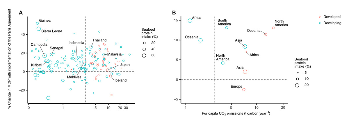 Fig. 1.13. Projected gains in Maximum Catch Potential under Paris Agreement targets, by country and continent