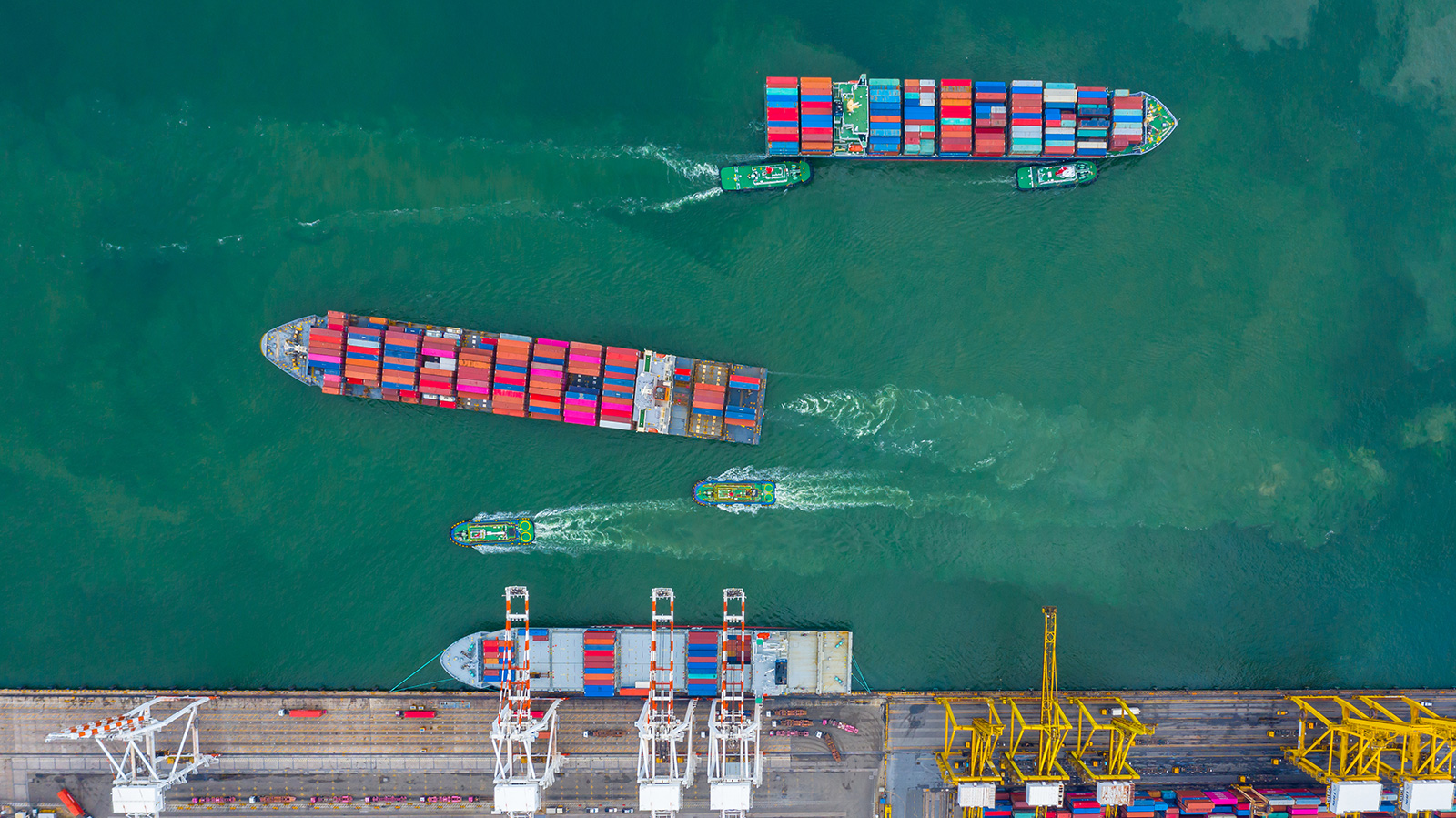 Aerial view of cargo ship terminal