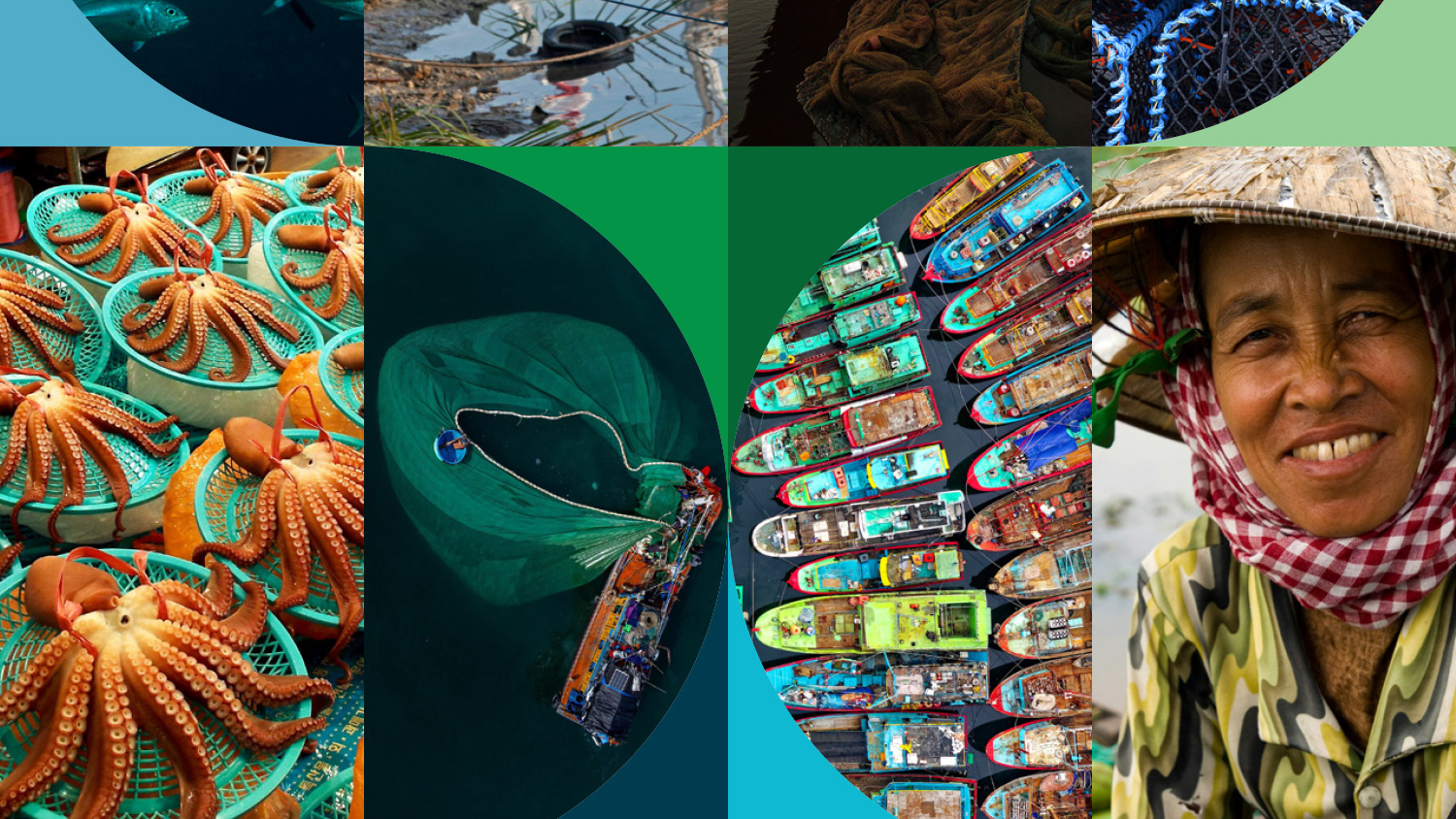 colorful collage of fishers, boats, and sealife